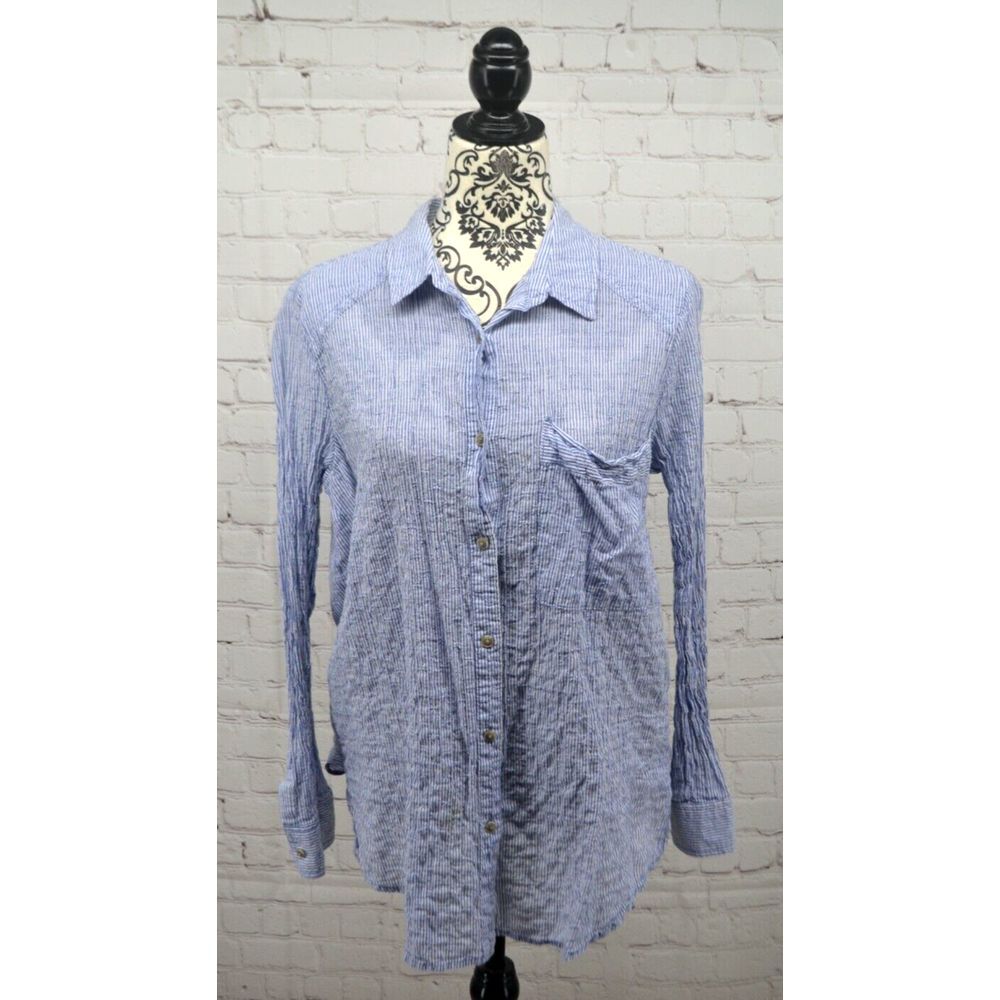 FREE PEOPLE Women's Split Back Cotton Blend Blouse SIZE MEDIUM Blue Striped